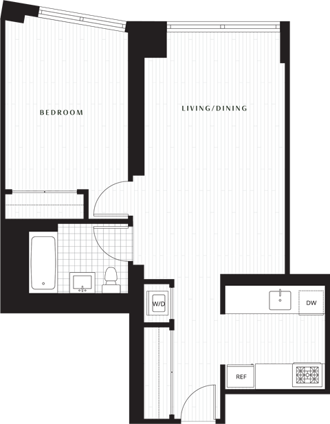 Floor plan for 1 bed, 1 bath, 618 sqft